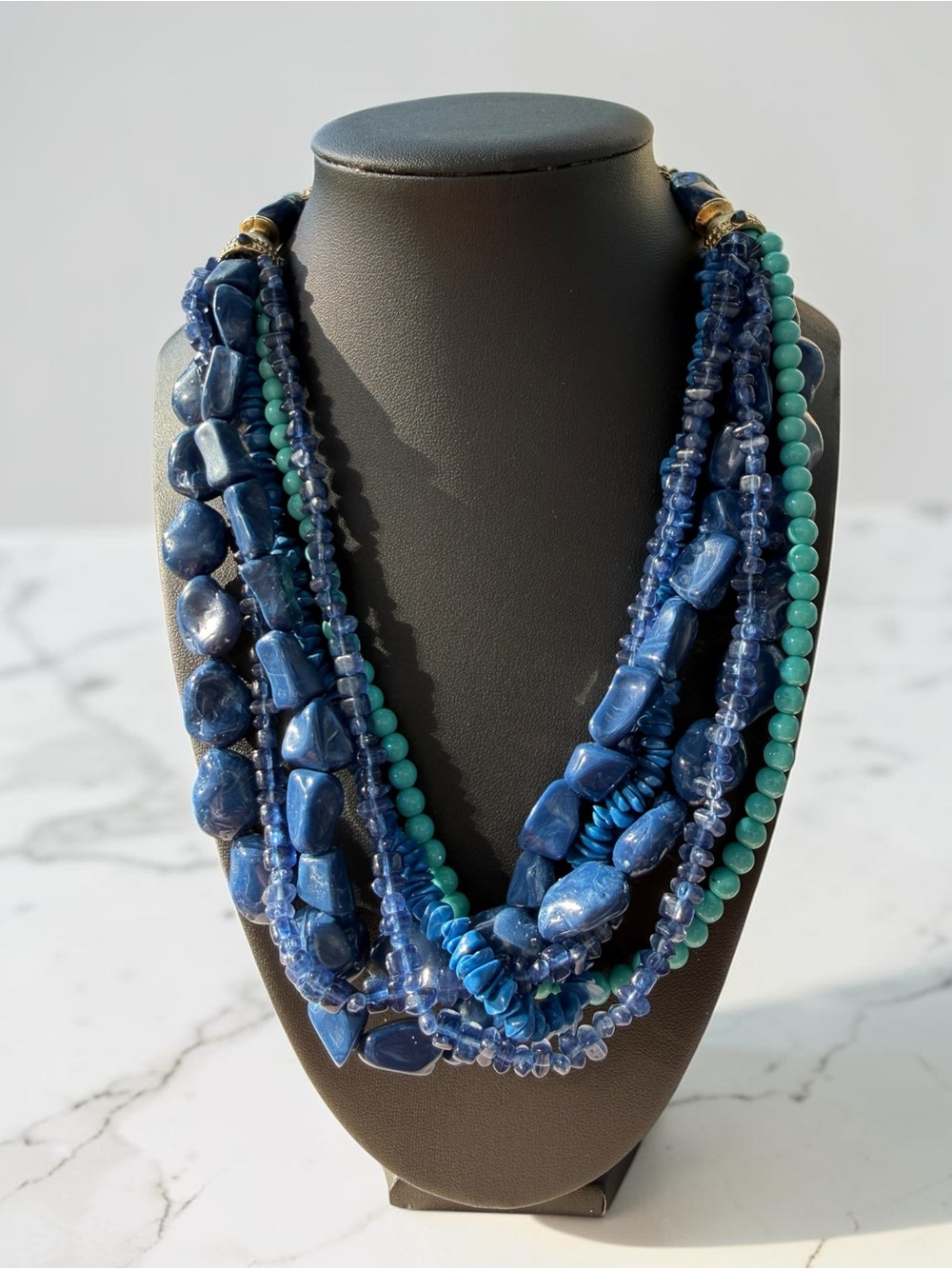 Multi-Strand Statement Necklace Boho Chunky Resin Nugget Turquoise Blue⁠‎